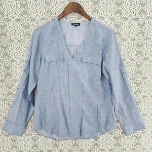 Express V neck‎ pullover long sleeve Polka Dot Chiffon Blouse M
